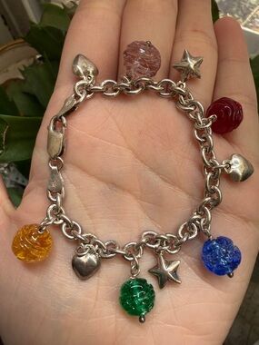 Sterling Silver 925 Charm Bracelet W/Colorful Glass Beads 6.25in